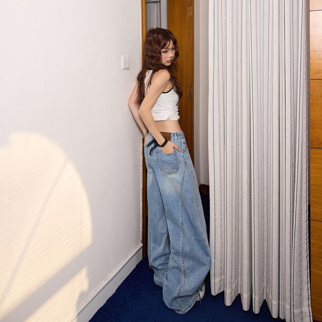 Early Spring Vintage All Match Slim Drape Saber Cut Relax Wide Leg Denim Pants For Ladies Casual Pants Oversize Denim Trousers