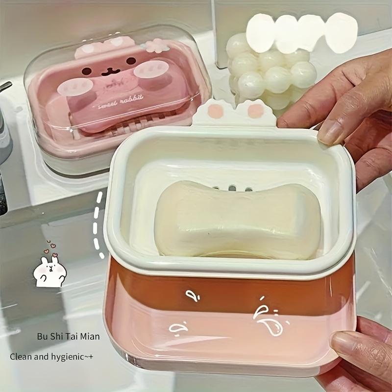 1PC Portable Cartoon Soap Box with Lid - Transparent Cartoon Rabbit Design, Double Drain Soap Holder