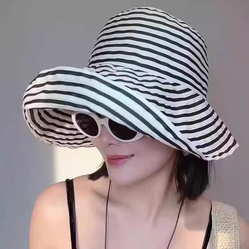 2025 Korean Foldable Striped Bucket Hat: Large Fit Sun Protection