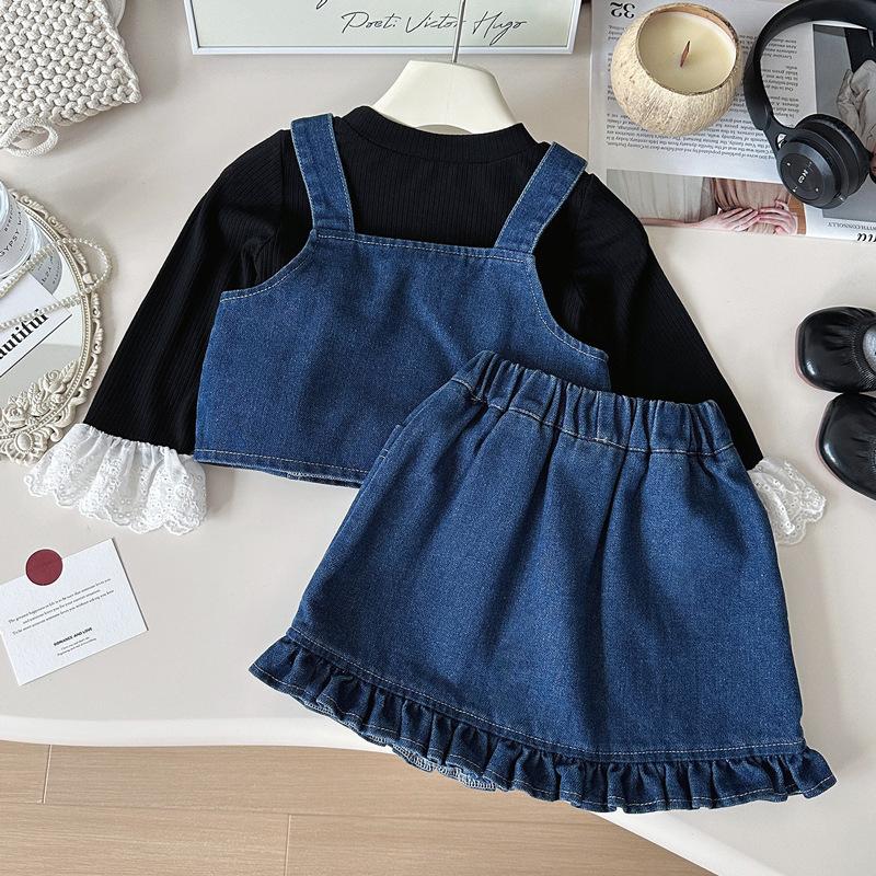 Girls Denim Overall Skirt Set 2 Piece Spring Autumn Baby Girl Fashionable Jeans Suspender Dress Outfit