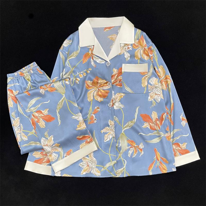 Pijama Kadın İpek Uzun Kollu Pijama Pijama Takımı Çiçek Baskılı Yüksek Kaliteli Buz İpeği Dışarıda Giyilebilir Ev Giyim Pijama