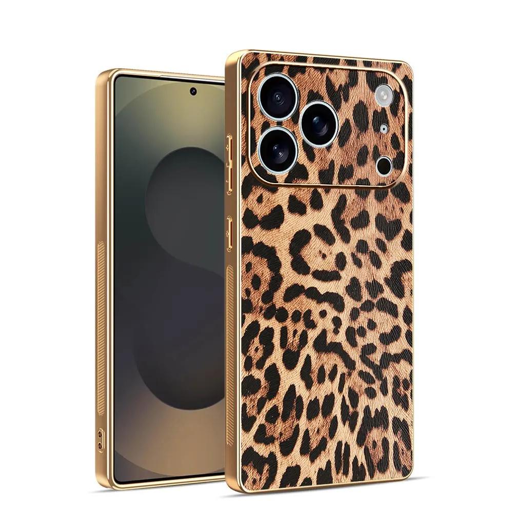 Vergoldeter Rahmen Leopardenmuster Leder Handyhülle Für iPhone 17 Pro Max 17Air 16 15 14 Plus 13 12 Kameraschutz Silikon Rückseite iPhone17 beige