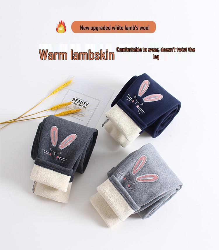 Girls' Winter Fleece-Lined Cotton Leggings with Rabbit Embroidery