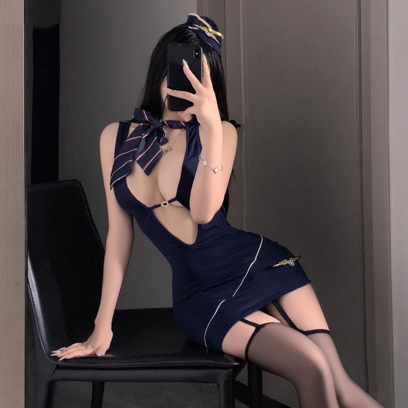 2025 New Women Sexy Flight Airline Attendant Cosplay Lingerie Outfit Airline Stewardess Deep V Neck Bodycon Mini Dress Scarf Hat