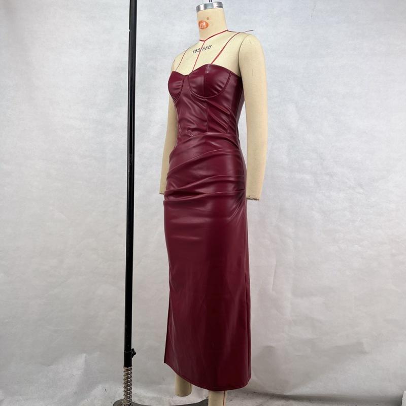 Sexy PU Leder Trägerkleid Damen Einfarbig Ärmellos Hüftbetont Hohe Taille Lange Kleider 2024 Herbst Neu Damenmode Vestidos