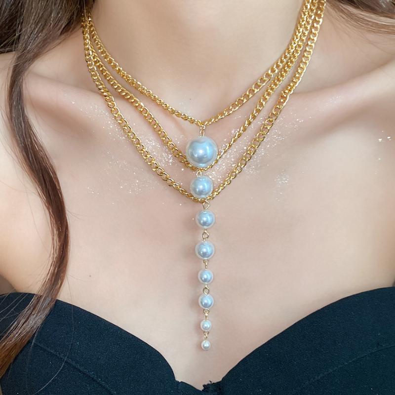 Fashion Chain Pearl Necklace For Women Baroque Pearl Metal Charm Pendant Necklaces Irregular Sweater Chain