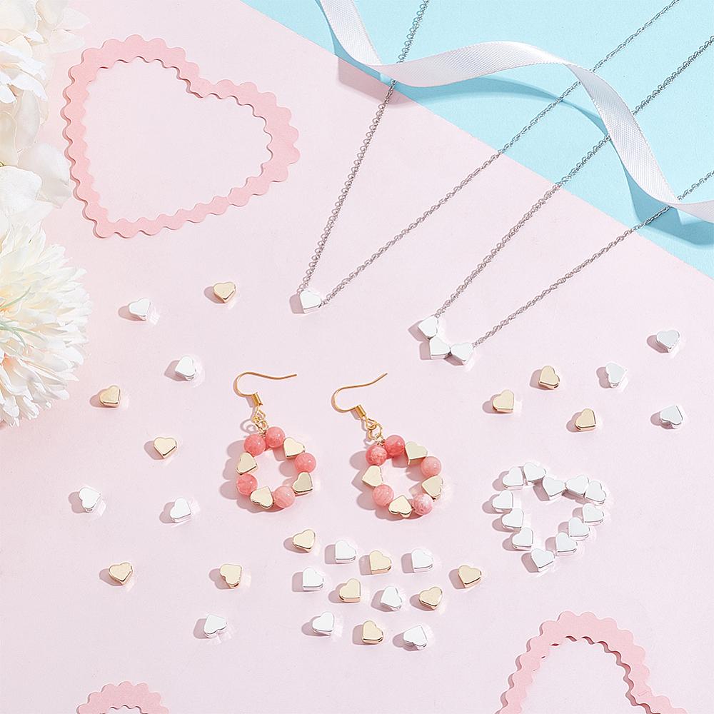 100Pcs 2 Colors Brass Beads, Heart, Mixed Color, 6x7x3mm, Hole: 1.6~1.8mm