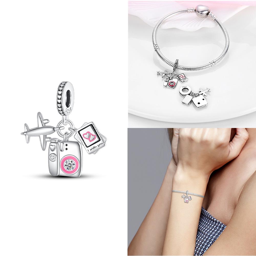 Charms 925 Silver Blue Suitcase Airplane Earth Beads Fit Bracelet Women Necklace Jewelry Diy Phone Charms