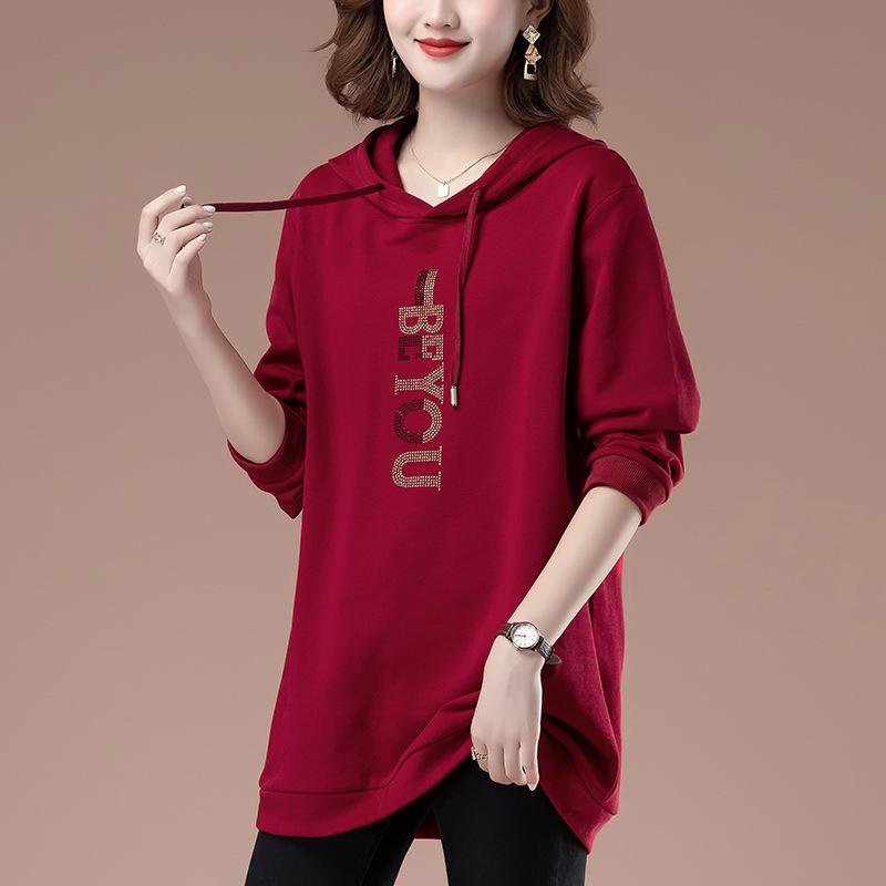 Women's Mid-Length Hooded Sweatshirt - Loose Fit, Plus Size, Casual Top for Spring/Autumn, Hip-Covering Design for Middle-Aged Moms