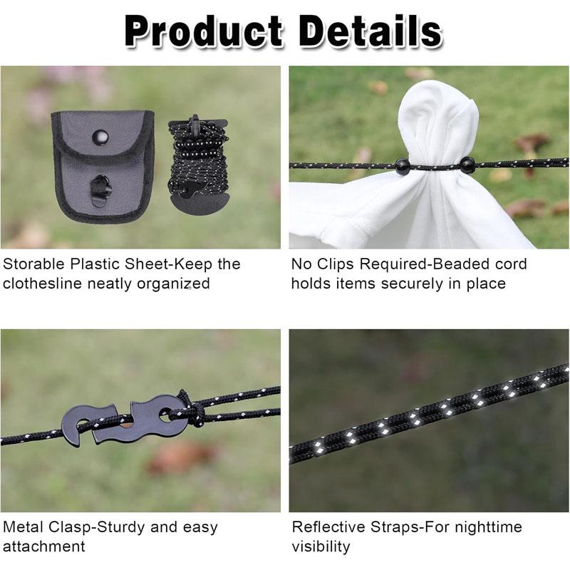 Portable 3M Travel Clothesline for Outdoor Adjustable Laundry Dryer Clothes Rope Windproof Reflective Rope Line with 24 Beads