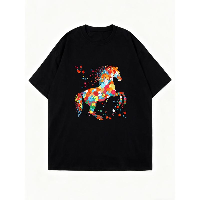 Oversized T Shirt Dress Black Colorful Horse Print Casual Streetwear Style For Women