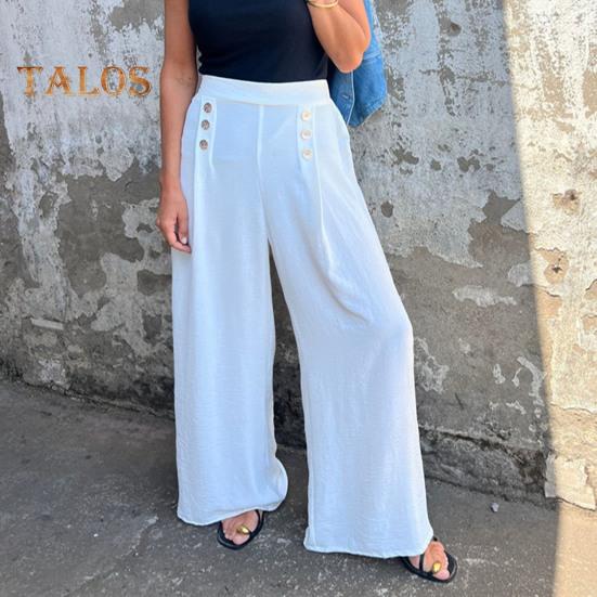 Women's Wide-Leg Pants High Waist Button Decorated Pants Casual Loose Fit Trousers for Daily Wear Travel Office