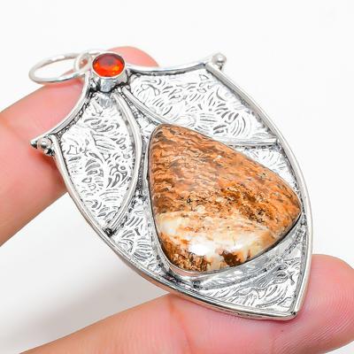 Natural Mariam Jasper, Garnet Gemstone 925 Sterling Silver Pendant 2.68" H3p10