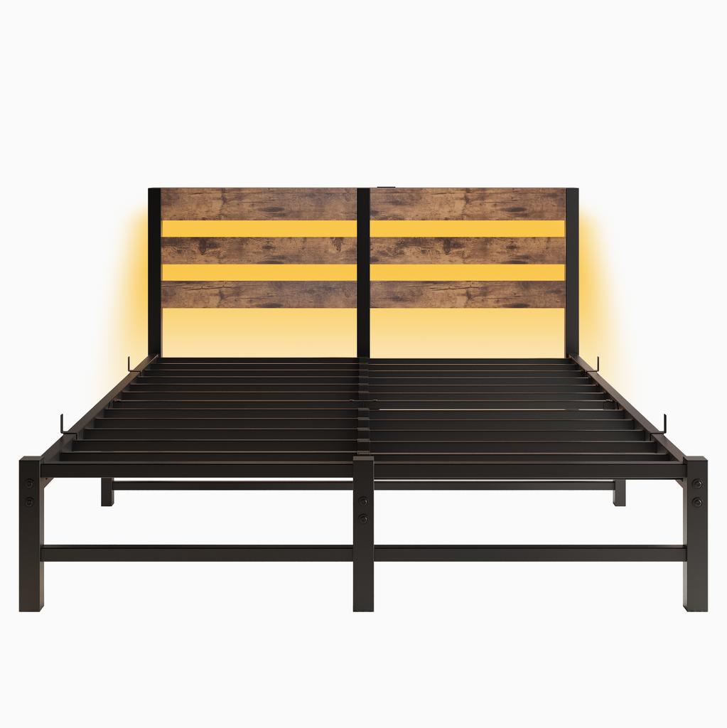 140x190 Bed Frame with LED Lighting and USB Charging Station, Metal Bed Frame Without Mattress, with Storage Under the Bed