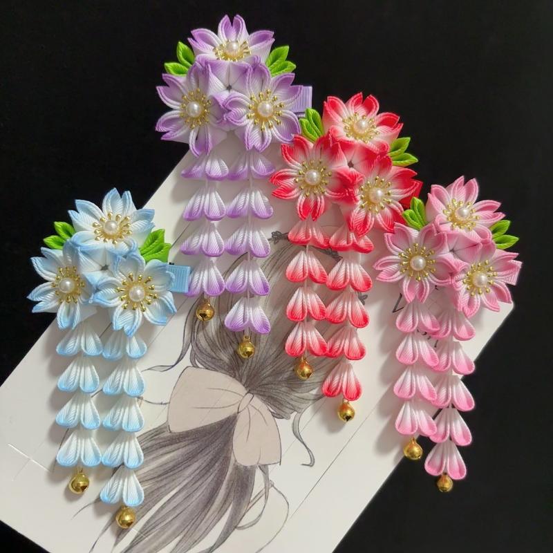 Japansk Kimono Huvudbonad Forntida Stil Handgjord Blomma Hårklämma Tyg Söt Tofs Blomma Hårnål