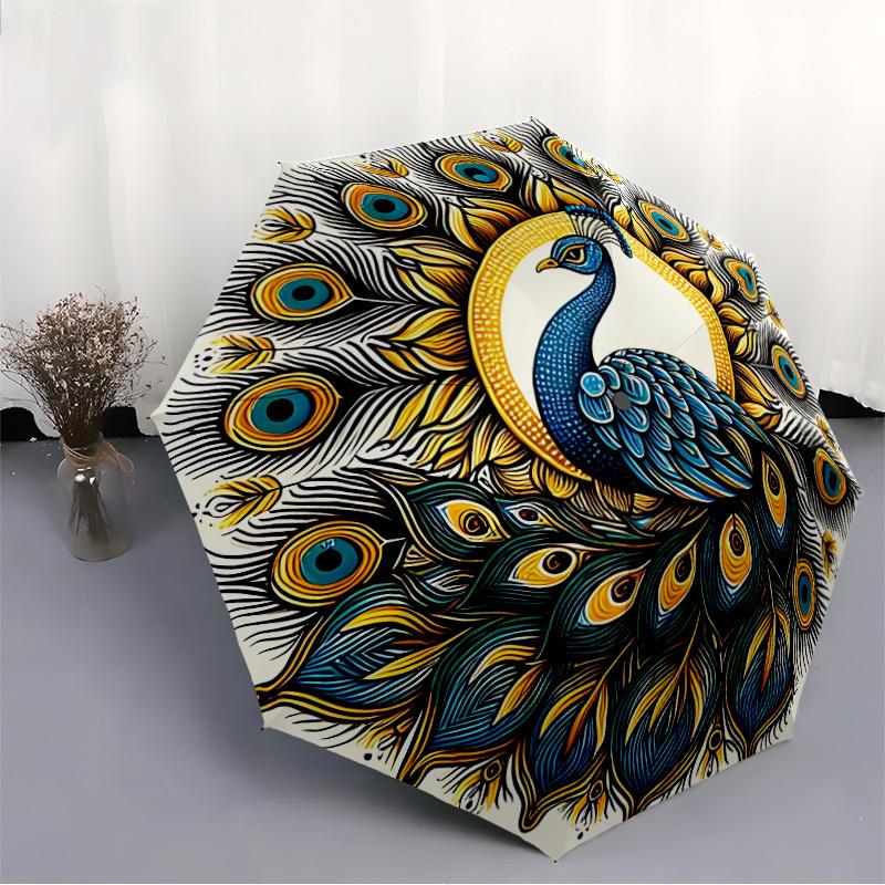 1pz Mandala Piuma di Pavone Apertura Automatica, Robusto Telaio in Ferro, Design Pieghevole Compatto, Ombrello Portatile per Tutte le Stagioni per Donne e Uomini, da Esterno