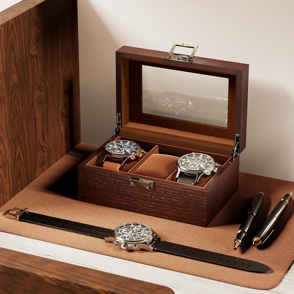 ProCase Men's Wooden Watch Box, 3-Slot Watch Display Case with Glass Lid