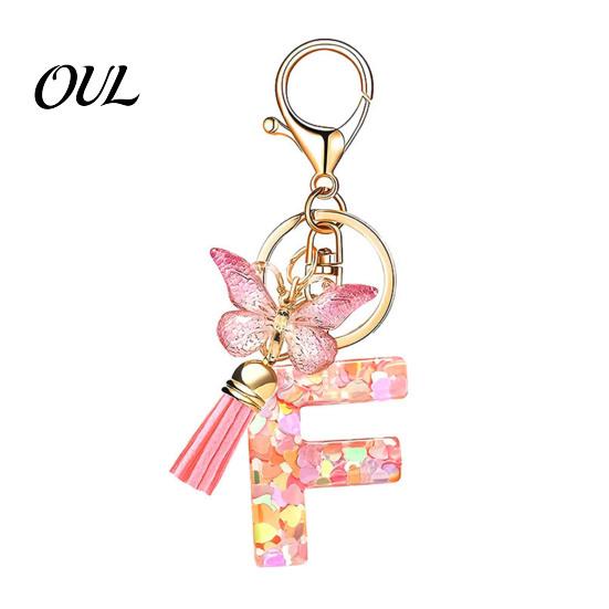 Kompaktes Schlüsselanhänger-Anhänger in Rosa-Serie, Pailletten Herz Initialen-Buchstaben-Anhänger Schlüsselkette mit tragbarem Schmetterlings-Quasten-Design, A-Z Halter für Tasche
