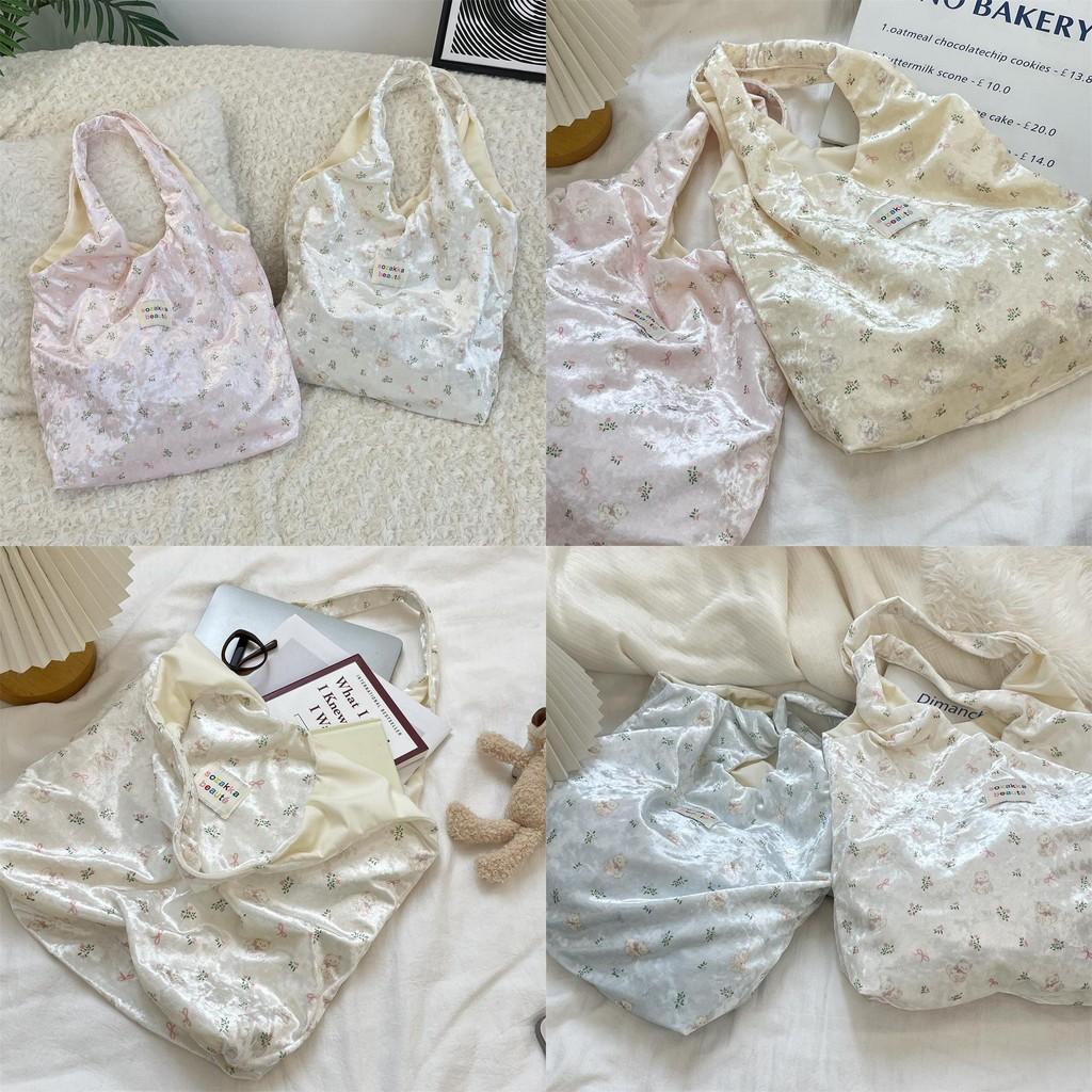 Trendy Soft Fabric Bear Print Silk Tote Bag Featuring Bow Accent For Women On The Go