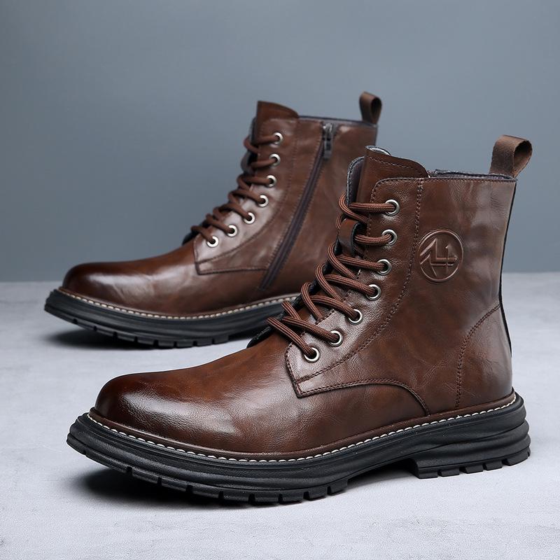 2025 Men's Genuine Leather High Top Martin Boots, Trendy Thick-Soled, Retro British Style, Plus Velvet.