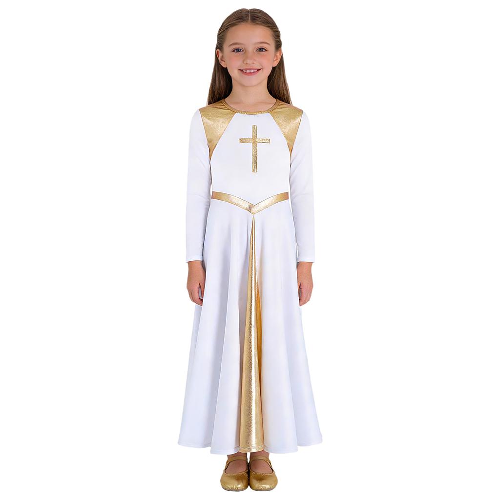 Girls Shiny Round Neck Church Dress Long Sleeve Contrast Color Dancewear
