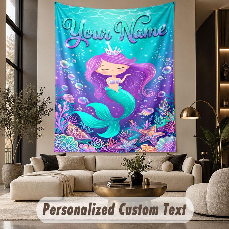 Ocean Mermaid (72) Theme Personalized Tapestry Custom Name Text Wall Hanging Tapestry Home Background Decoration