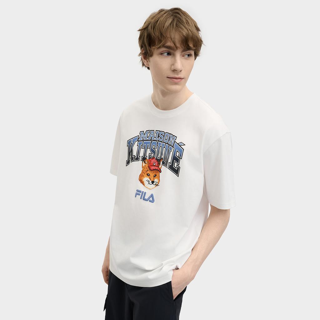 Fila X Maison Kitsune Fox Head Trendy Casual Sports T-Shirt Unisex Tops Cloud-White F11U529102F-WT