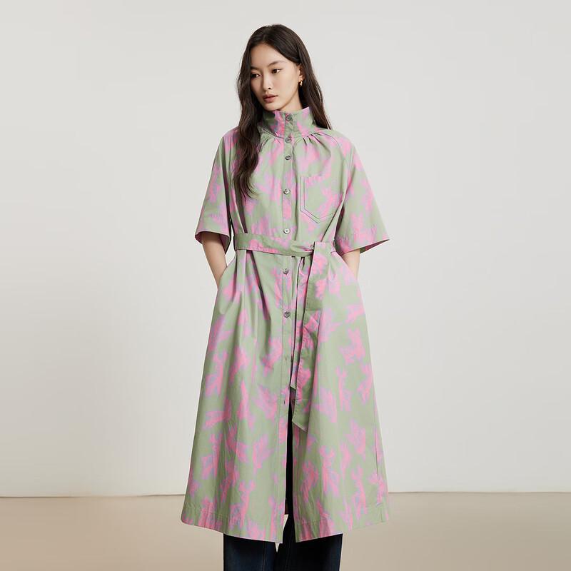 Gejin Women's Printed Slim-Fit Short-Sleeve Trench Coat