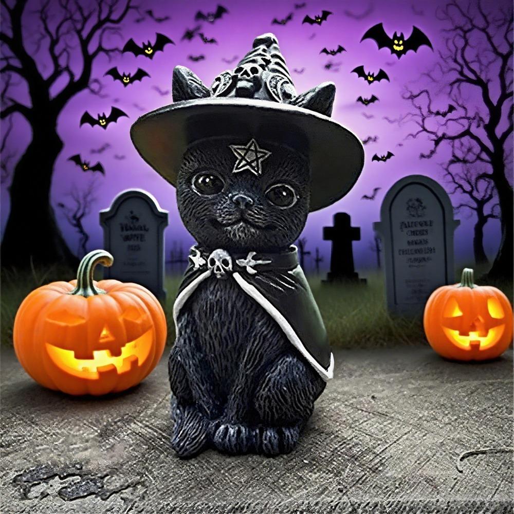1 Stück Schwarze Katze Statue Hexe Gothic Dekor Handbemalte Skulptur Halloween Schreibtisch Ornament Mysteriöse Niedliche Figur Heimdeko