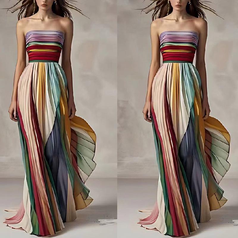 2024 Strapless Colorful Print Evening Gown - Sexy European & American Style