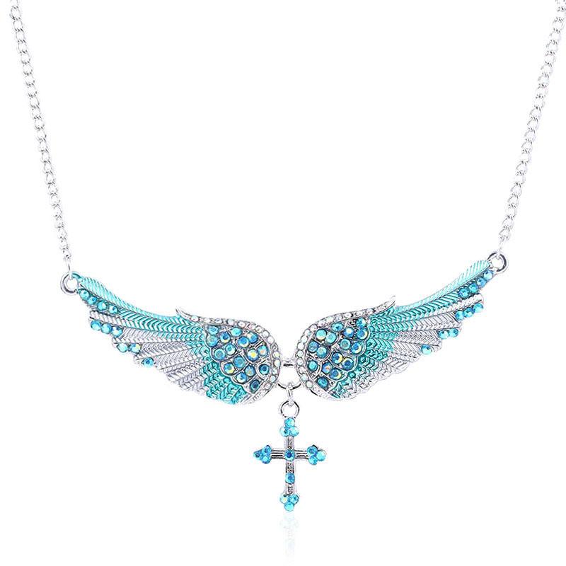 

Diamond Decorated Simulated Angel Wing Cross Pendant Necklace For Ladies