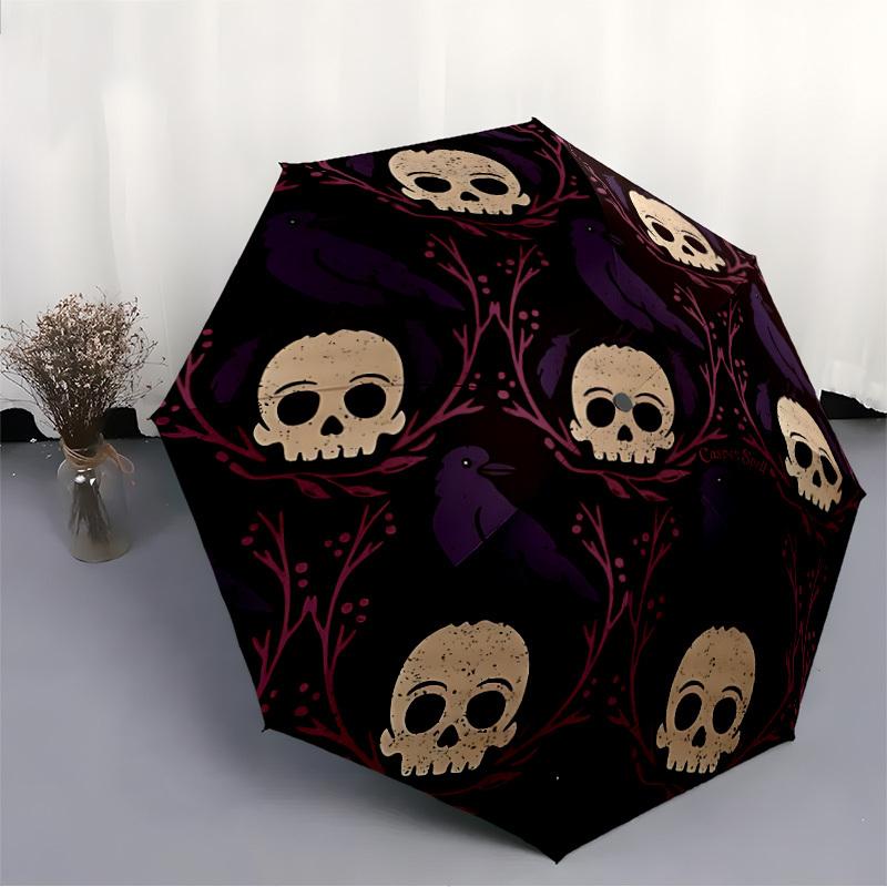 1pc Skulls Ravens Automatic Umbrella - 8-Rib Portable Folding Black Iron Frame for Outdoor, Beach, Travel, Beach Umbrella,011