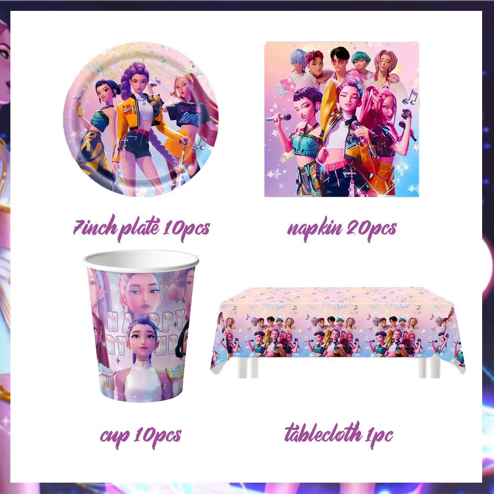 KPop Girl Dämonenjäger Geburtstagsparty Dekorationen Lila Einweg-Geschirr Anime Rosa Ballons Hintergrundbanner Kuchenaufsätze