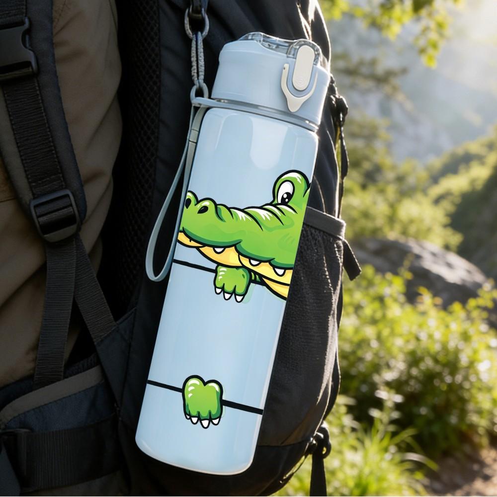 1PC Cute Crocodile Cartoon Animal Print 750ml Color Plastic Sports Water Bottle Leakproof Flip Straw Lid Suitable for Sports Office Home Use