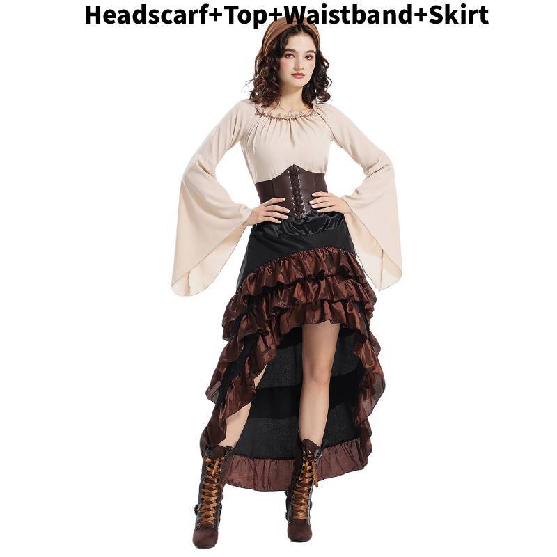 Středověký pirátský rodinný kostýmový set s volánovými dlouhými šaty pro Halloween Cosplay