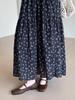 Korean Retro Floral Print Midi Skirt for Women - 2025 Spring/Summer Elastic Waist A-Line Umbrella Skirt