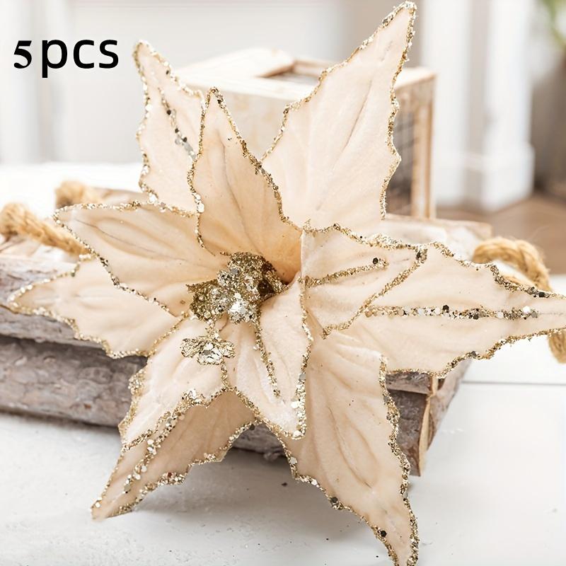 

5 шт. 10.2 Блискучі Паєтки Оксамитові Квіти. Не потребує живлення. Для різдвяної ялинки, дому, вечірки та DIY декору. Для внутрішнього/зовнішнього використання. бежевий