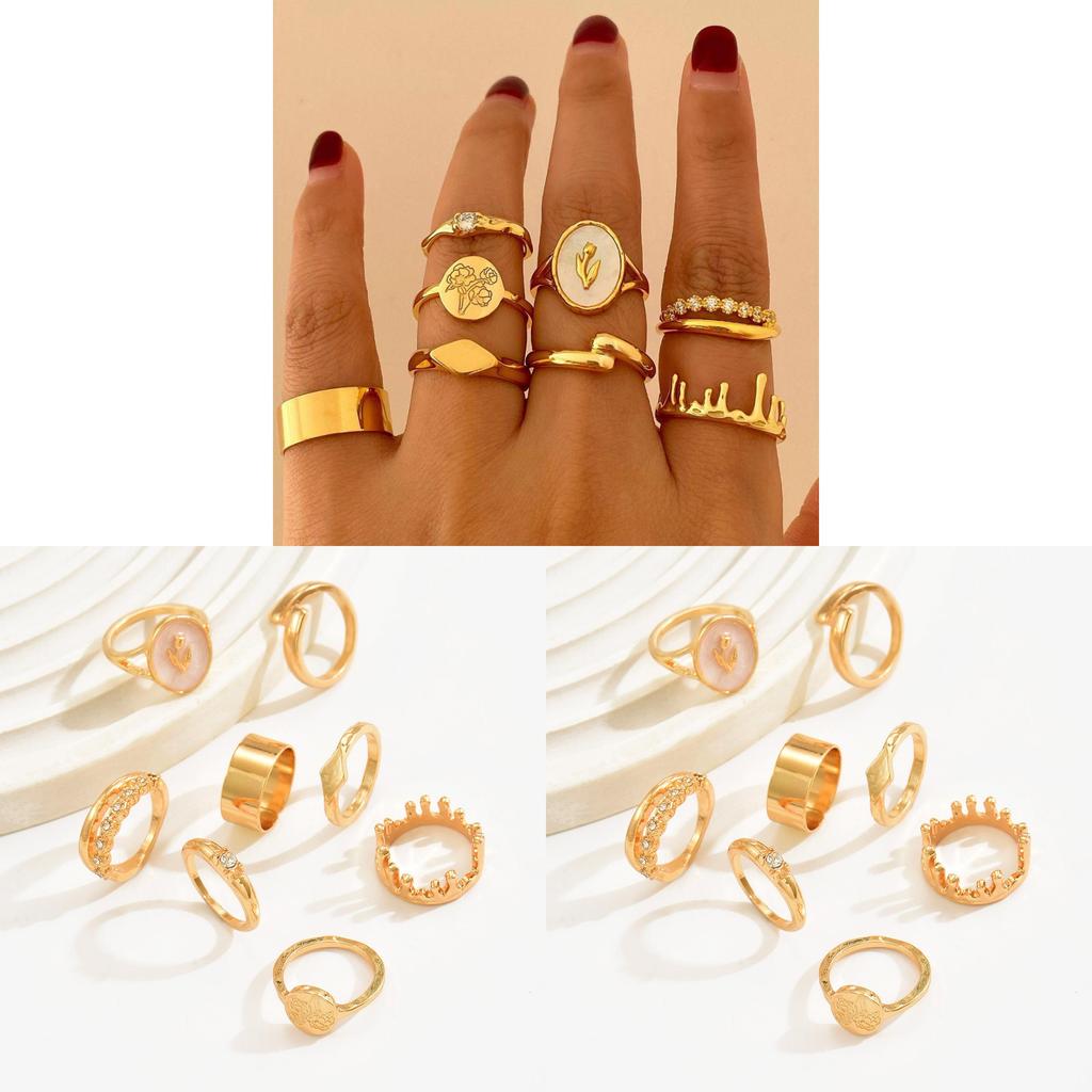 Geometrische Zinklegering Ringenset Met Bloemenpatroon Voor Stijlvolle Vrouwen