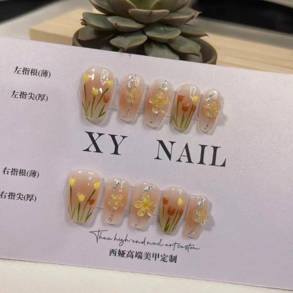 Painted Hand Tulip Worn Nail Art With 3d Flower Nail Sticker Decoration Finger