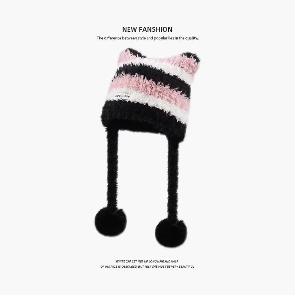 Hat winter warm ear protection wool hat cute sweet travel wool hat show face small cold protection pullover hat