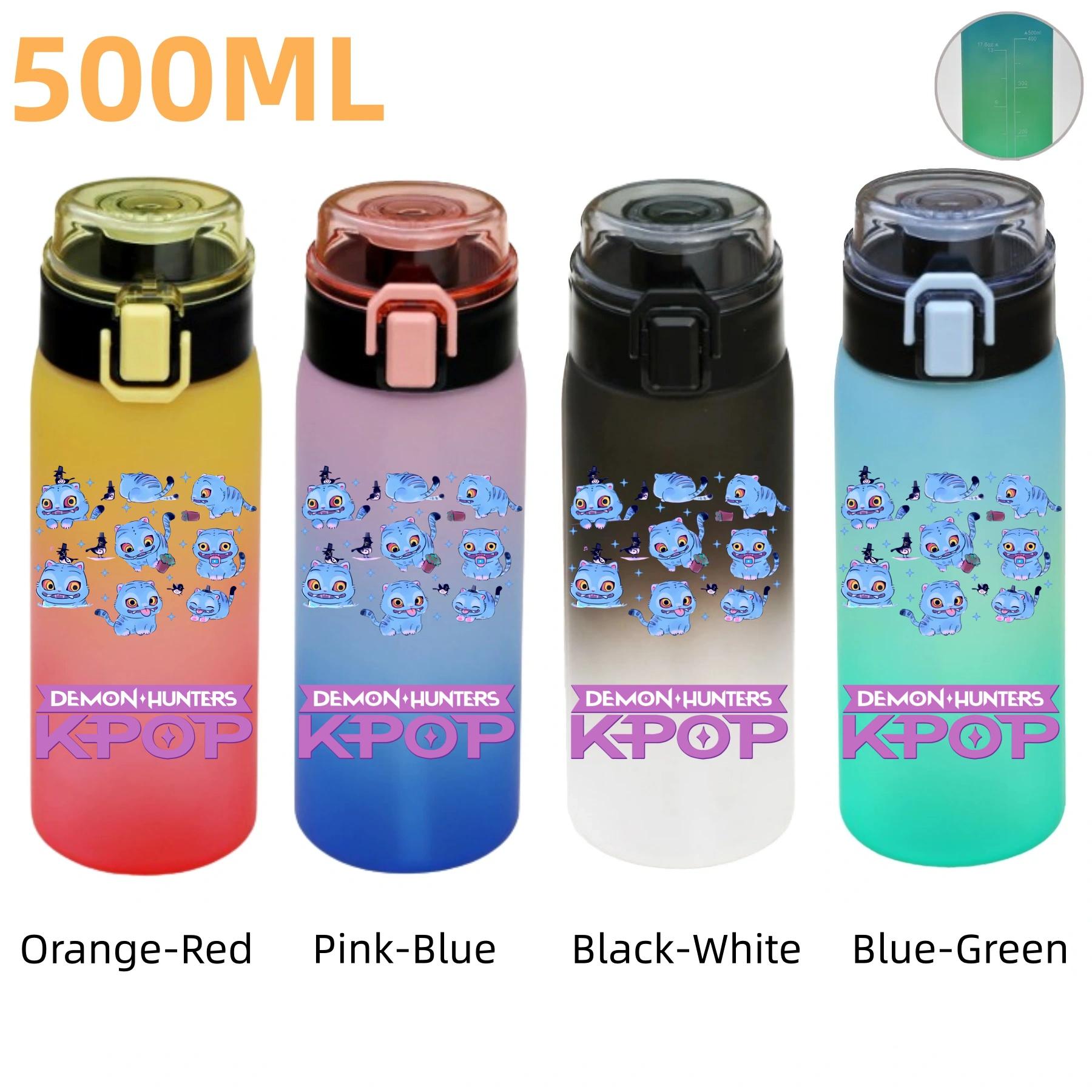 

500ML KPop Demon Hunters Plastic Anime Water Cup Has Scale Travel Office Gym Hiking Portable Drink Bottles Outdoor Sport Gifts Orange-Red-1PCS