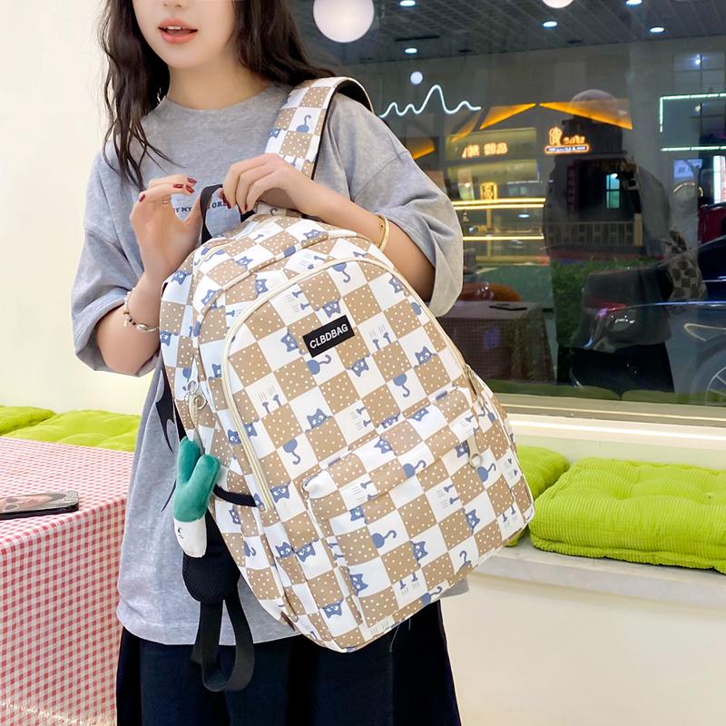Three-Piece Backpack Set Large Capacity Student Schoolbag Junior High School Student Checkerboard Backpack with Lunch Bag Pen Bag