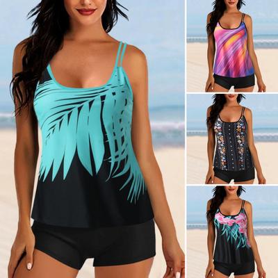 2Pcs/Set Tankini Set Removable Strap Chest Pad Adjustable Shoulder Straps Tops Elastic Waist Printed Swimming Trunks Set Beachwear