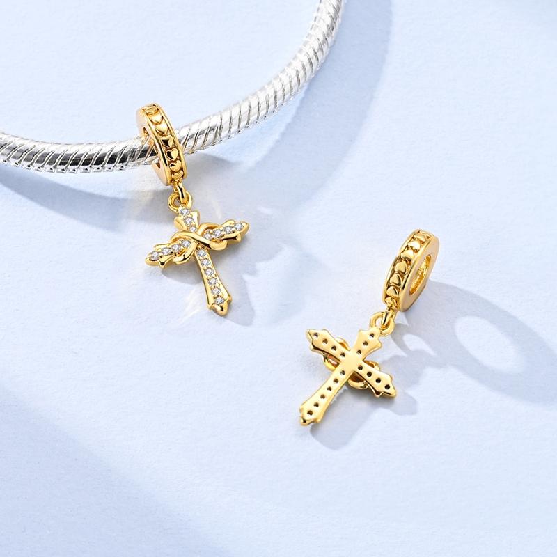 Original 925 Sterling Silver Charm Bead Gold Cross Zircon Pendant Fit Original Bracelet Neccklace For Women DIY Jewelry Gift