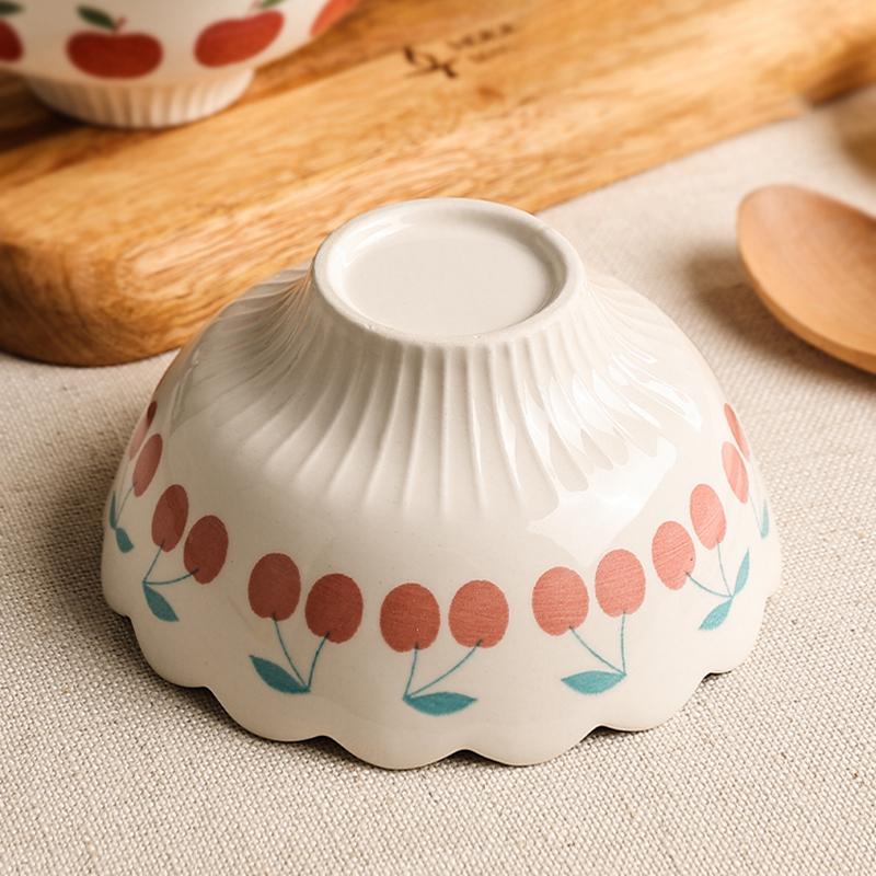 4.8 INCH Lovely Kids Bowl Ceramic Cherry Design Rice Ice-cream Bowl Dessert Serving Bowl Baking Tray 2 pieces