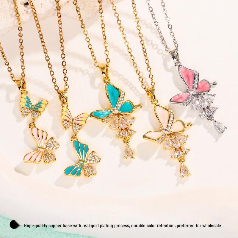 Sweet Temperament Butterfly Pendant Clavicle Necklace - Micro-inlaid Color Drip Oil, New Fashion for Women