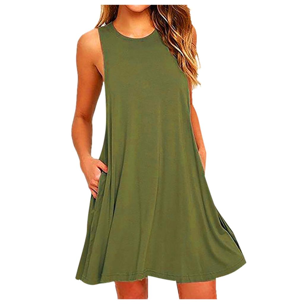 Women Casual Pockets Sleeveless Above Knee Dress Loose Party Dress
