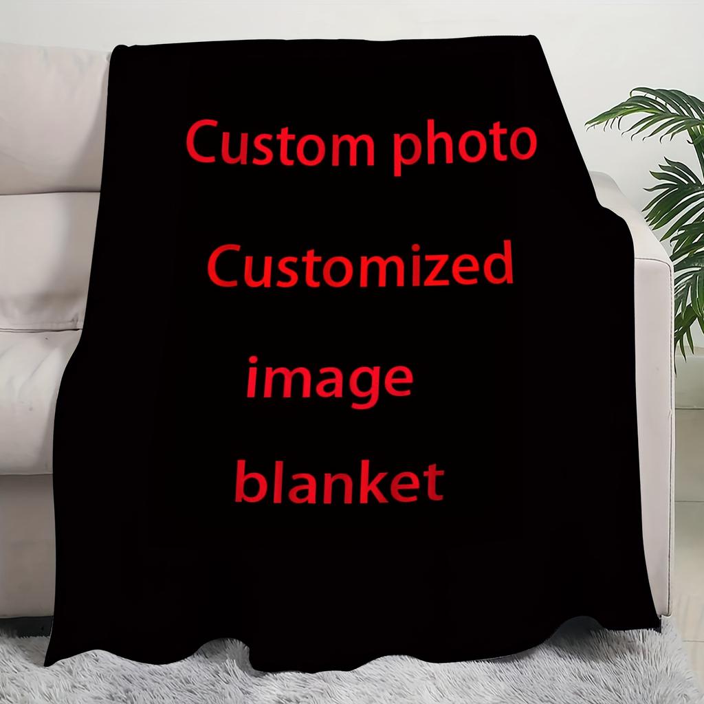 1pc Custom Photo Blanket - Personalized Flannel Throw with Black Background and Red Text - Perfect Gift for Family, Weddings, Bi