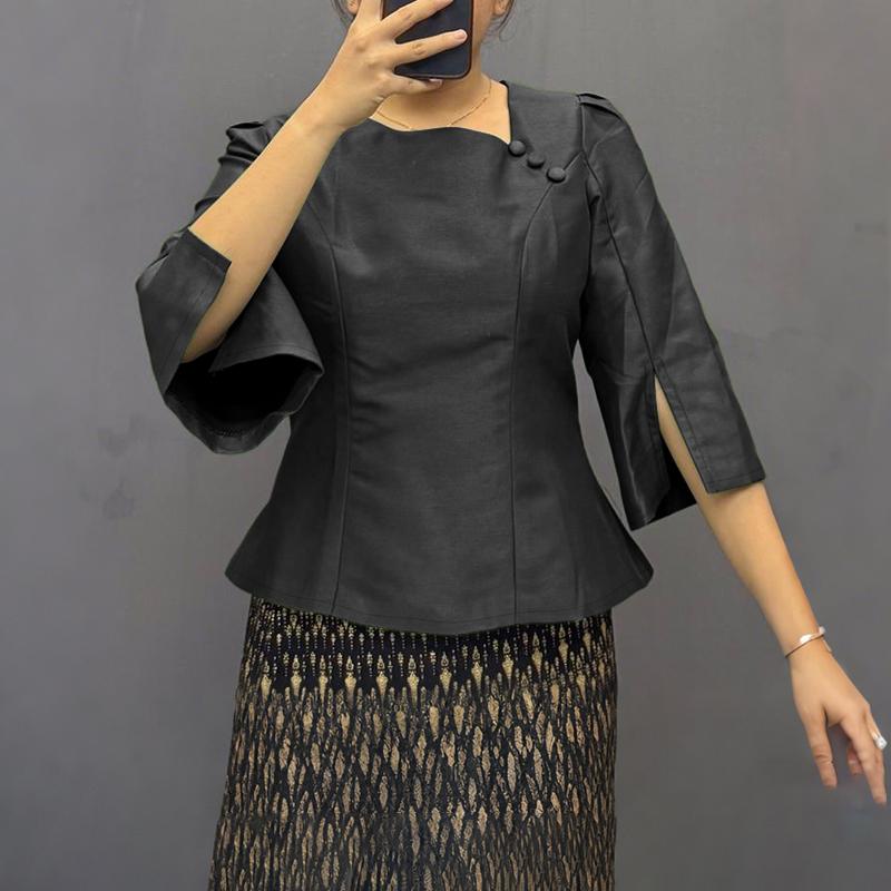 ZANZEA Женская повседневная асимметричная блузка с V-образным вырезом, летняя, с рукавами 3/4, атласная S чёрный