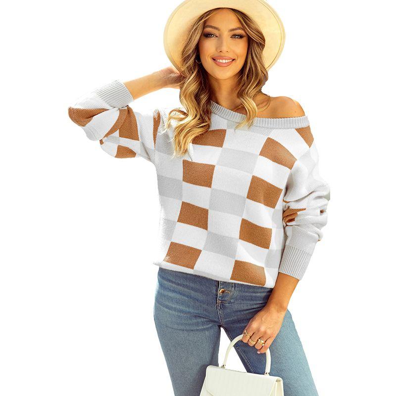 

European and American Fashion Plaid Color Matching Pullover Knit Women 2025 Winter New Warm All-Match Round neck sweater Women Khaki S code fits (45.00 kg-55.00 kg